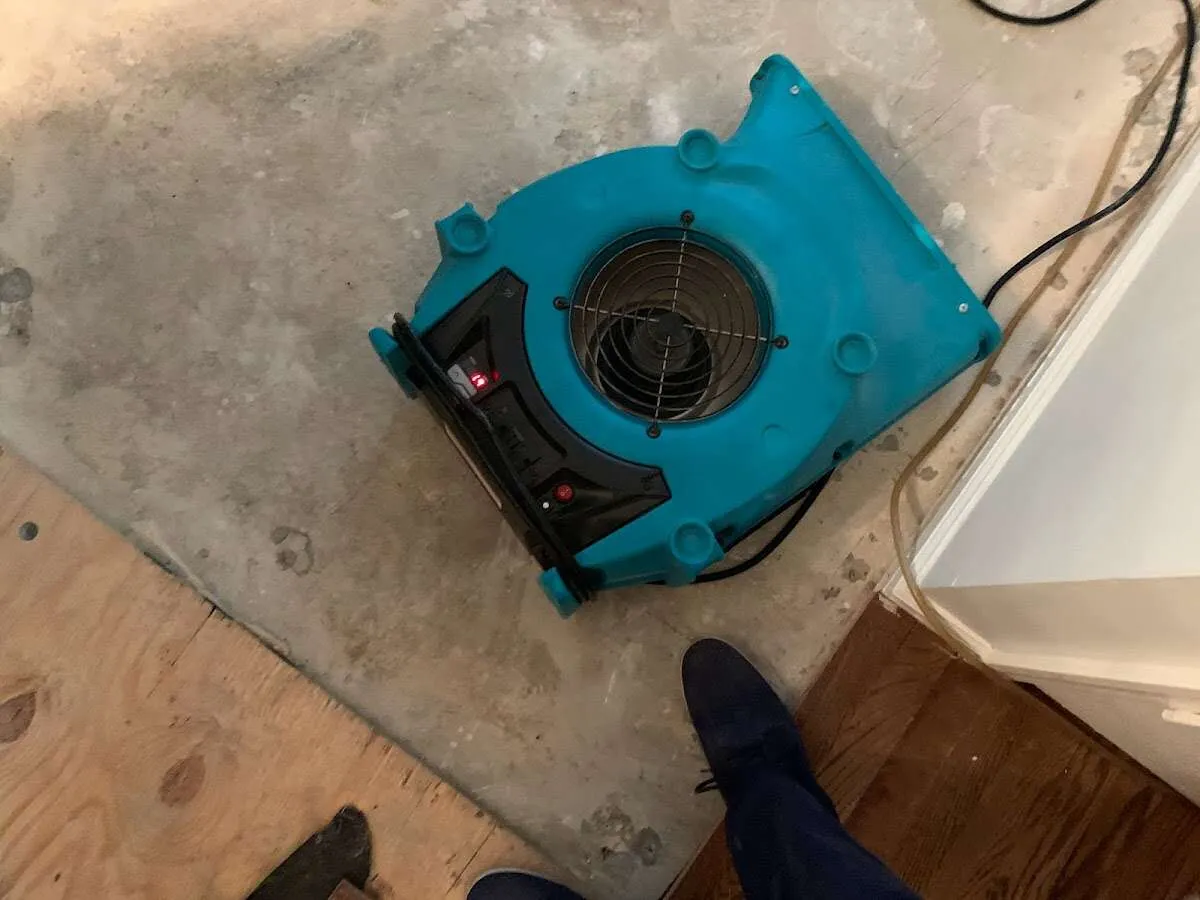 Air mover drying subfloor during Commercial Water Damage Restoration in Missoula
